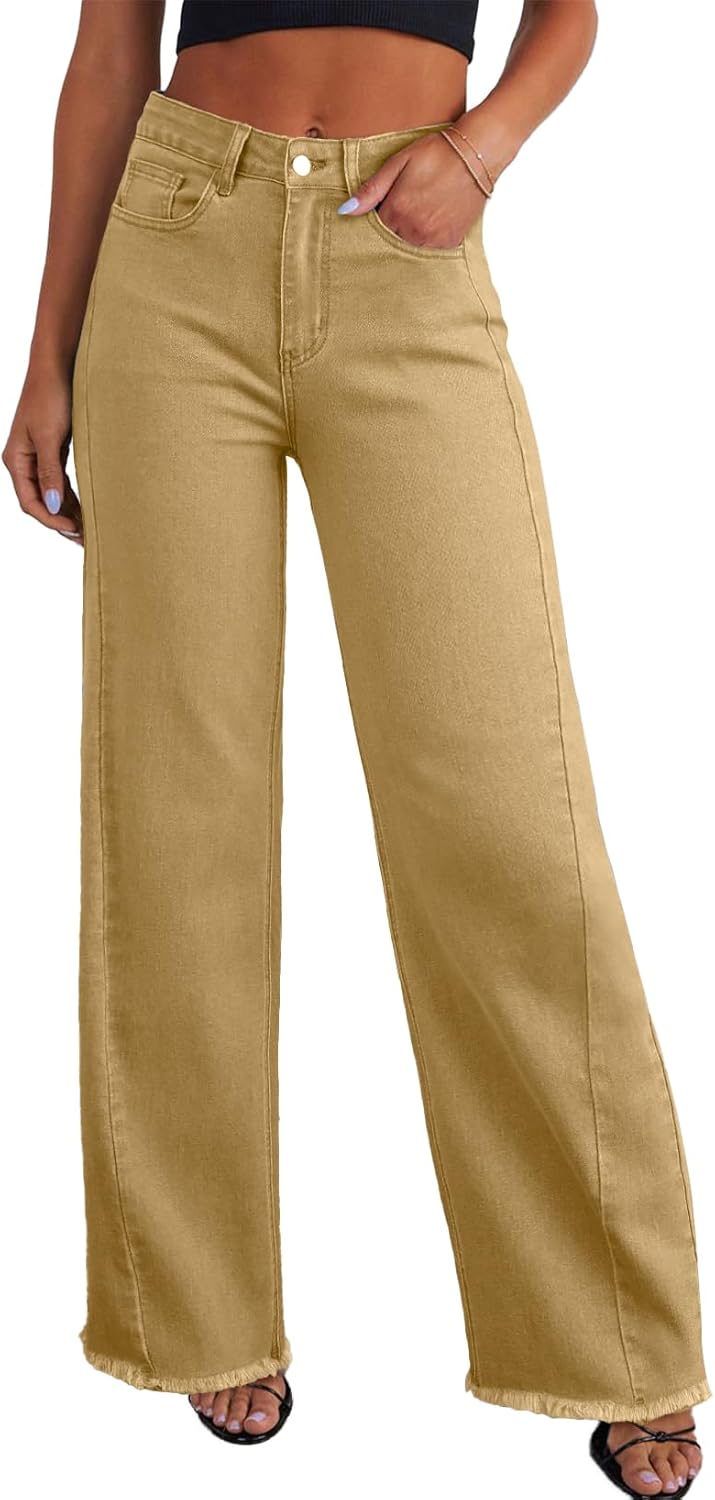 Sidefeel Women's Wide Leg Jeans High Waisted Stretchy Raw Hem