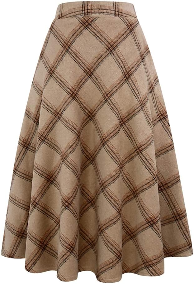 Long Plaid Wool Skirt for Womens Winter Fall Warm High Elastic Waist A line Flared Pleated Wool Tartan Skirts