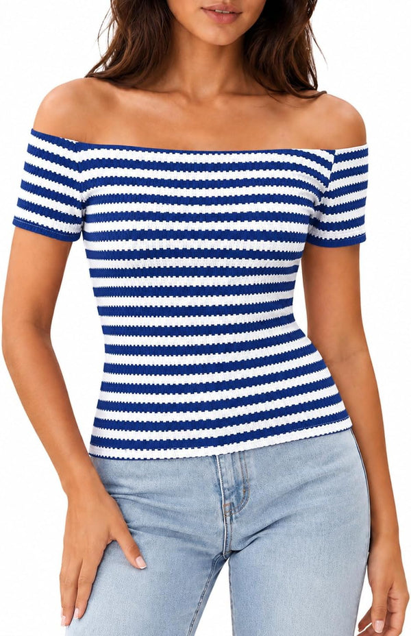 LilyCoco Off The Shoulder Tops for Women Striped Short Sleeve Sexy Going Out Top