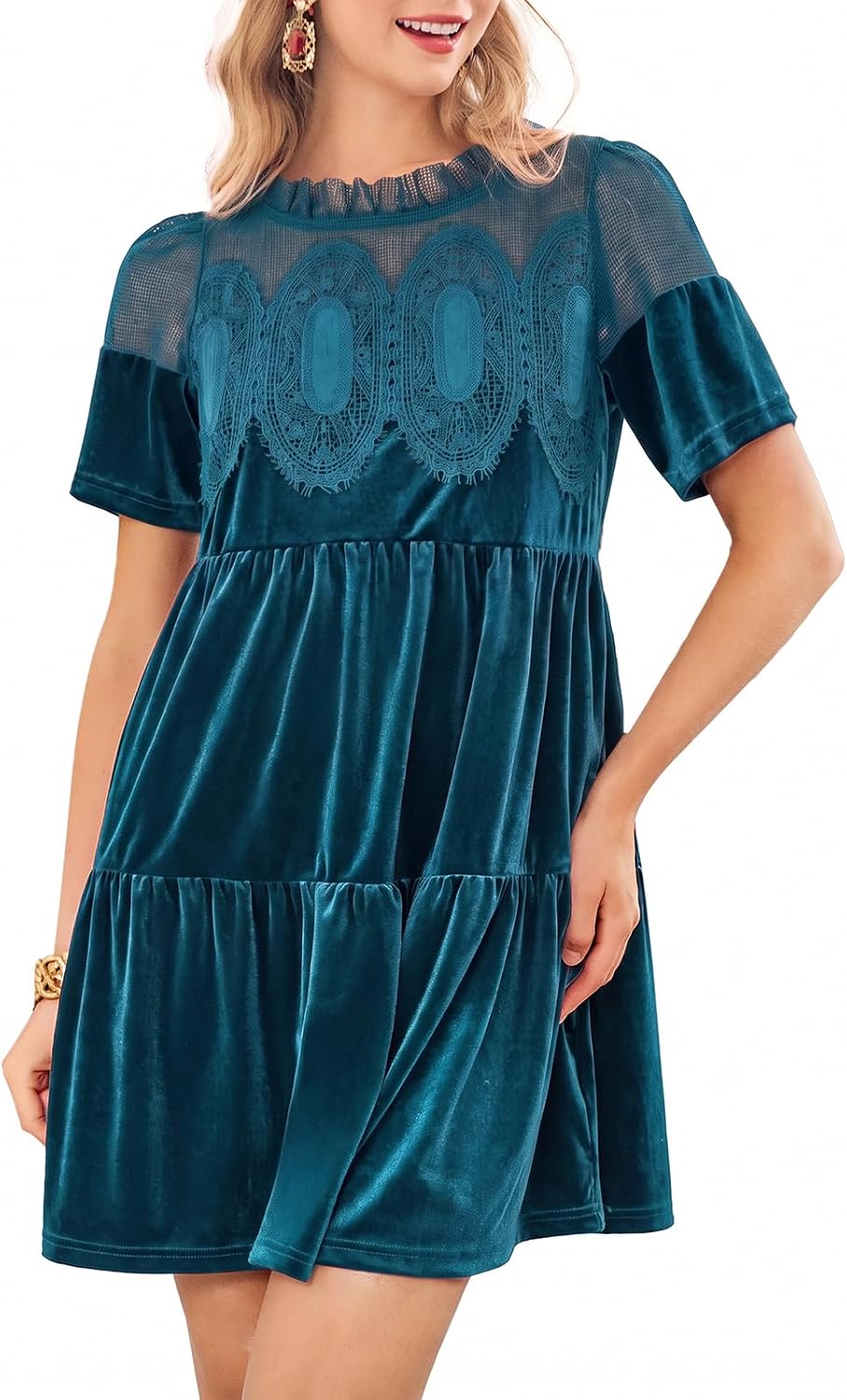 Wenrine Womens Velvet Dress Fall Lace Short Sleeve Babydoll Mini Dresses
