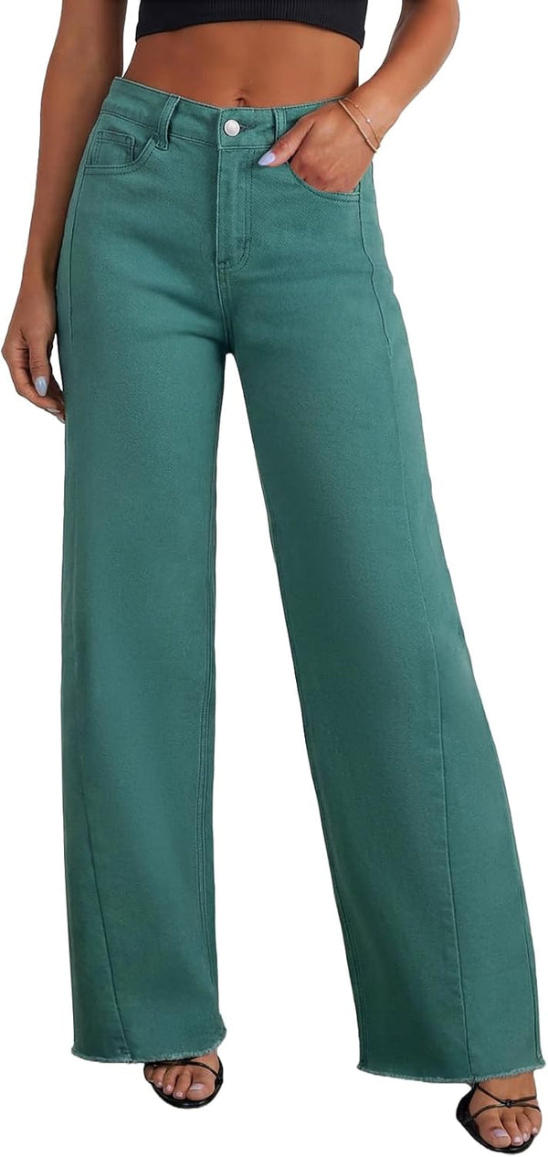 Sidefeel Women's Wide Leg Jeans High Waisted Stretchy Raw Hem