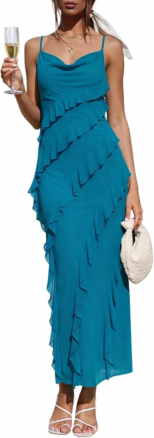 Wedding Guest Dress for Women Ruffle Spaghetti Strap Formal Dresses