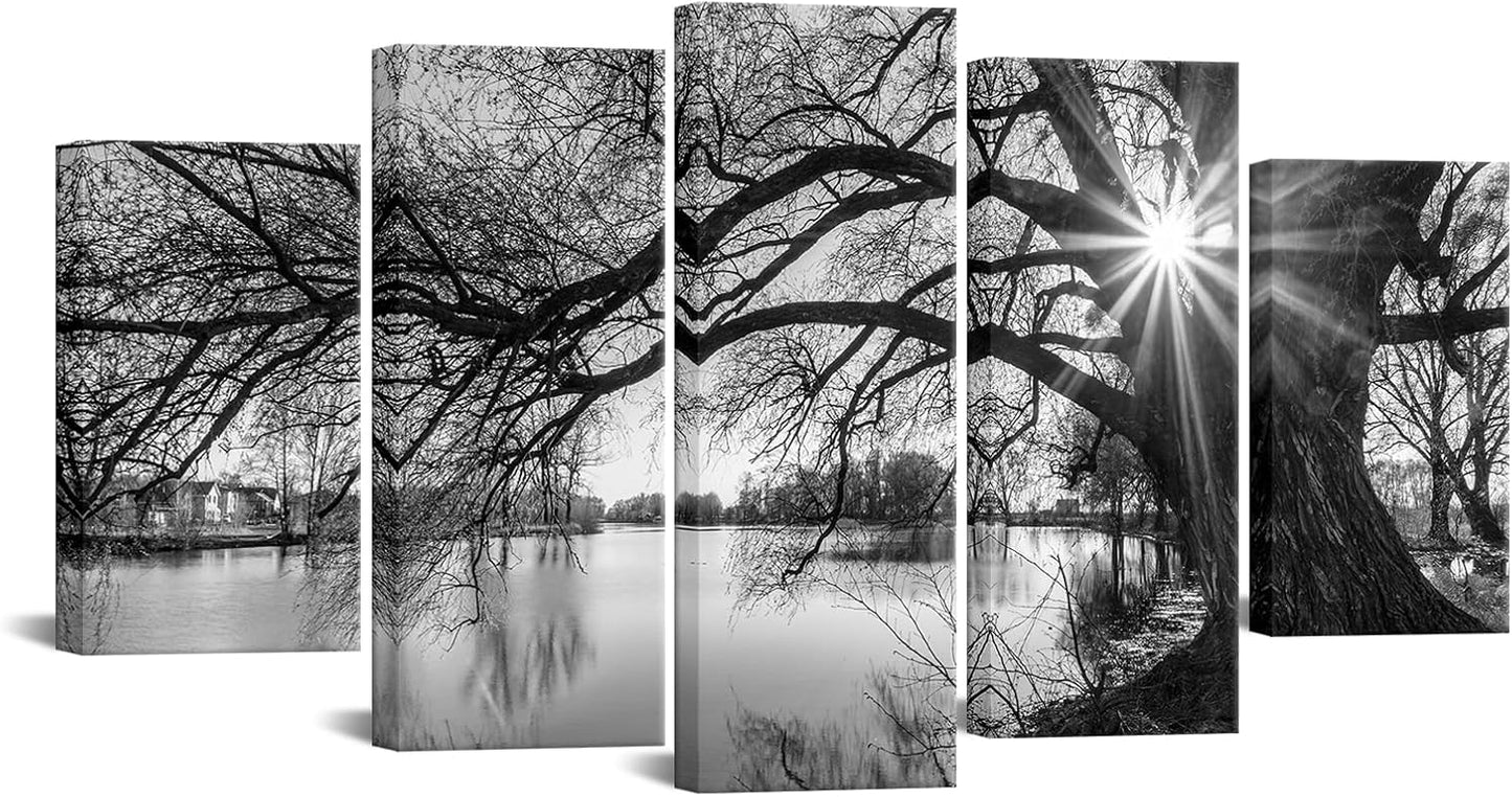 5-Piece Black & White Art Deco Landscape Canvas — Framed & Ready to Hang