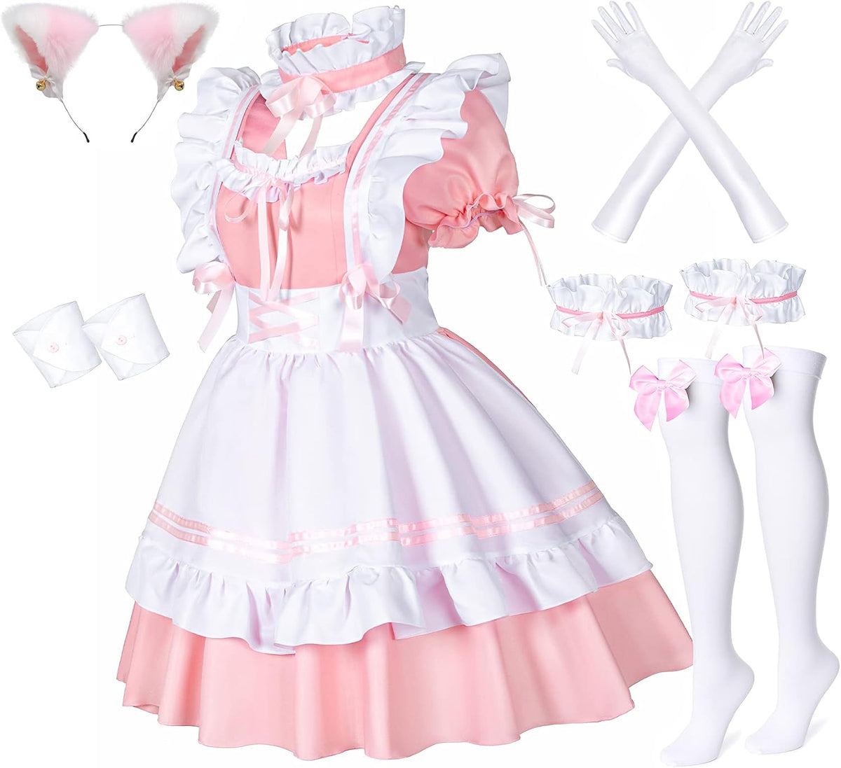 Wannsee Anime French Maid Apron Lolita Fancy Dress Cosplay Costume Furry Cat Ear Gloves Socks set(XL)