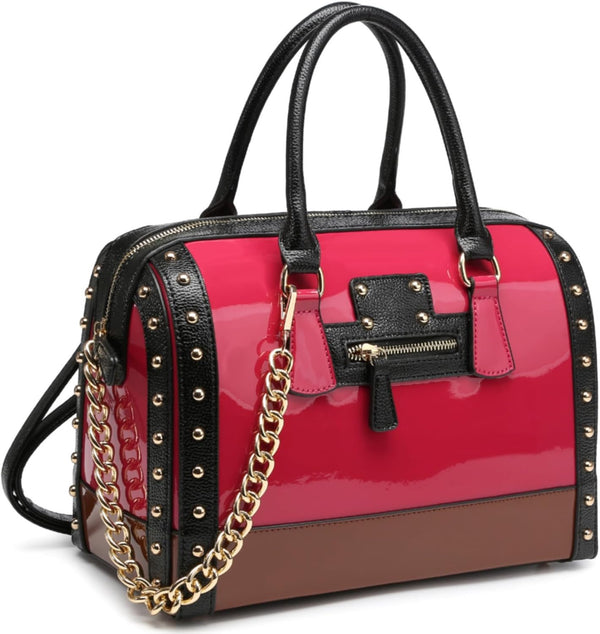 Women's Barrel Bag Shiny Patent Faux Leather Top-Handle Satchel