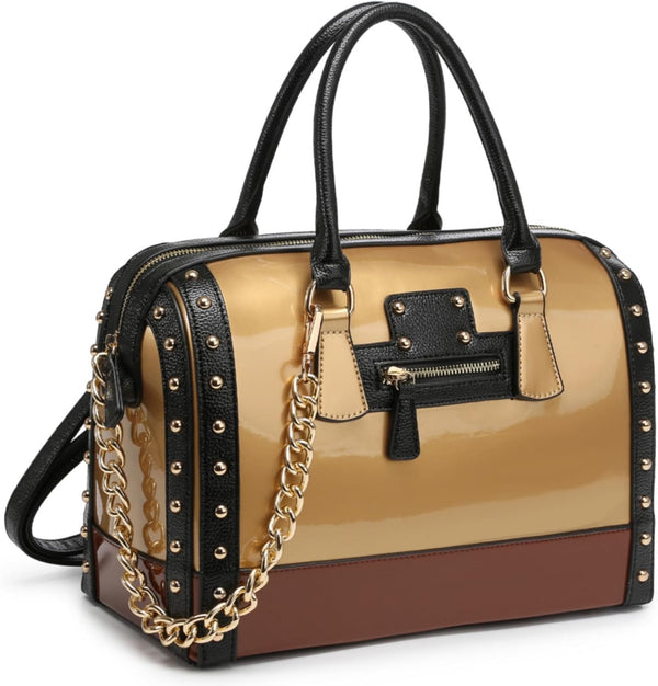 Women's Barrel Bag Shiny Patent Faux Leather Top-Handle Satchel