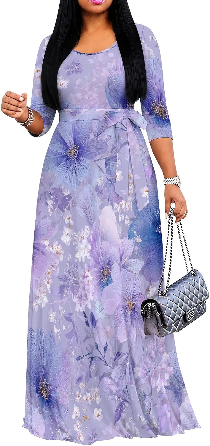 PinkPatty Women's Plus Size V Neck 3/4 Sleeve Boho Maxi Dress with Pockets
