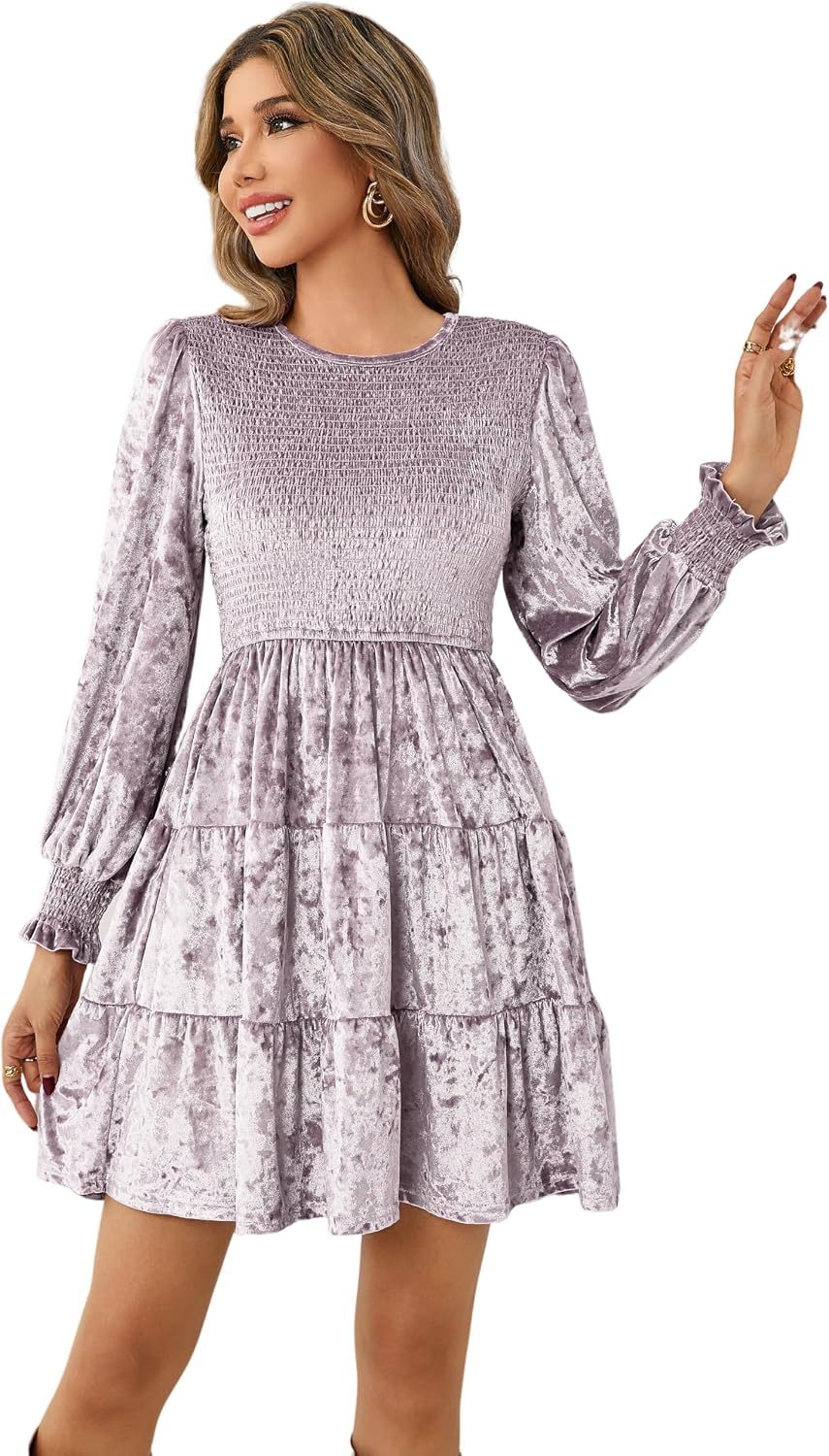 R.Vivimos Women's Fall Crushed Velvet Long Sleeve Mini Dress