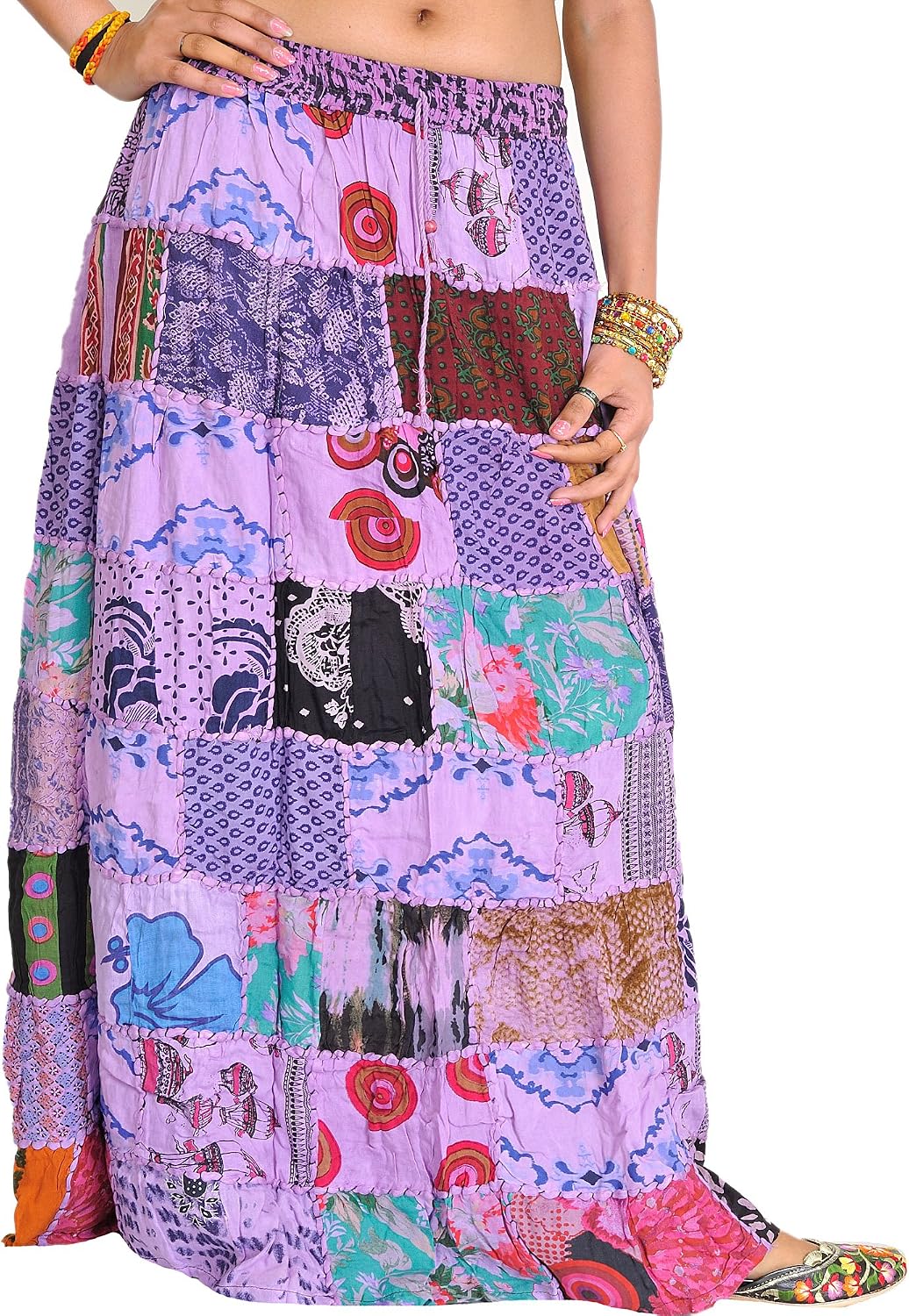 Exotic India Long Printed Dori Skirt from Gujarat with Patch Work - Rayon