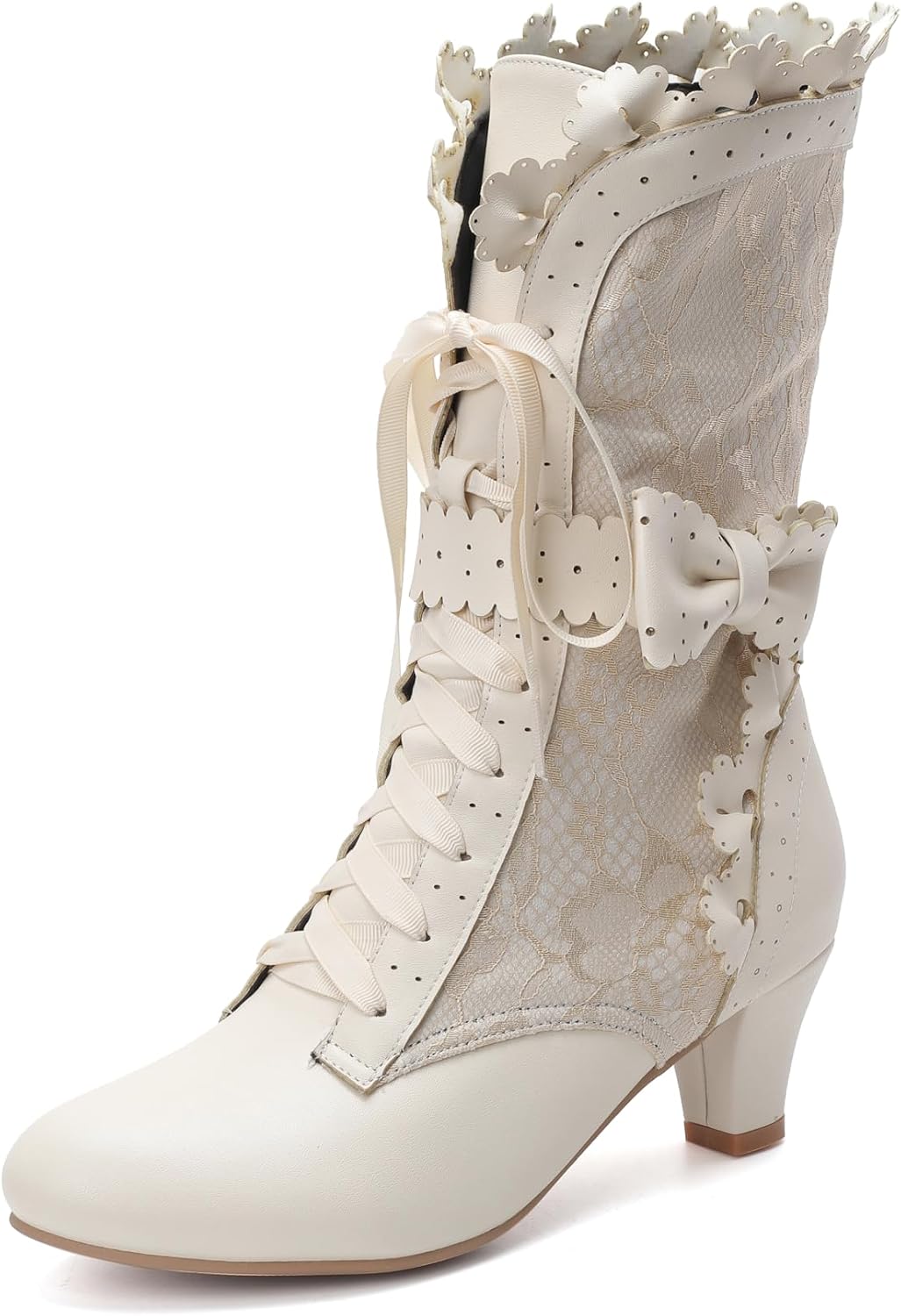 Women Victorian Boots Chunky Heels Lace up Cute Bow Knot Cosplay Costumes Witch Medieval Renaissance Mid-Calf Goth Boots Vintage Gothic Character Dance Kawaii Lolita Shoes