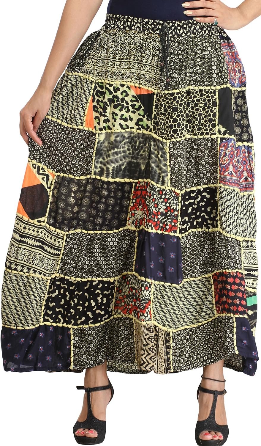 Exotic India Long Printed Dori Skirt from Gujarat with Patch Work - Rayon
