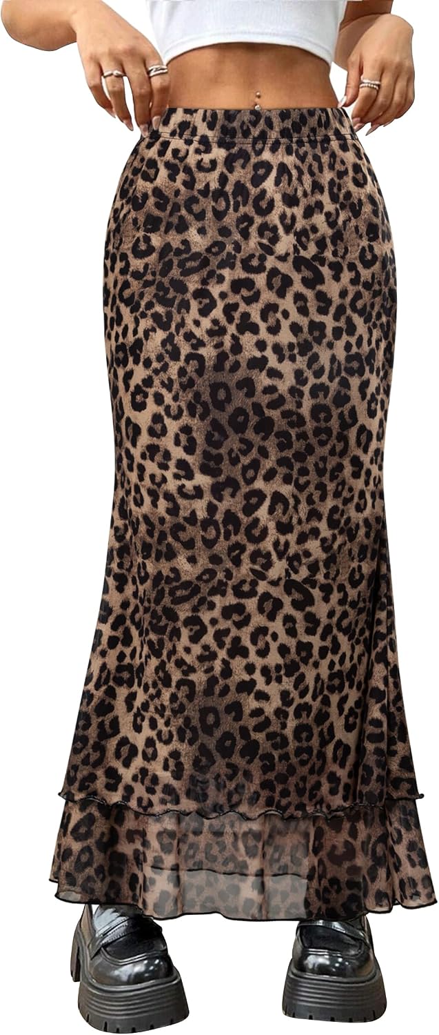 Women Maxi Skirt Flowy Elastic High Waisted Leopard Print Skirts