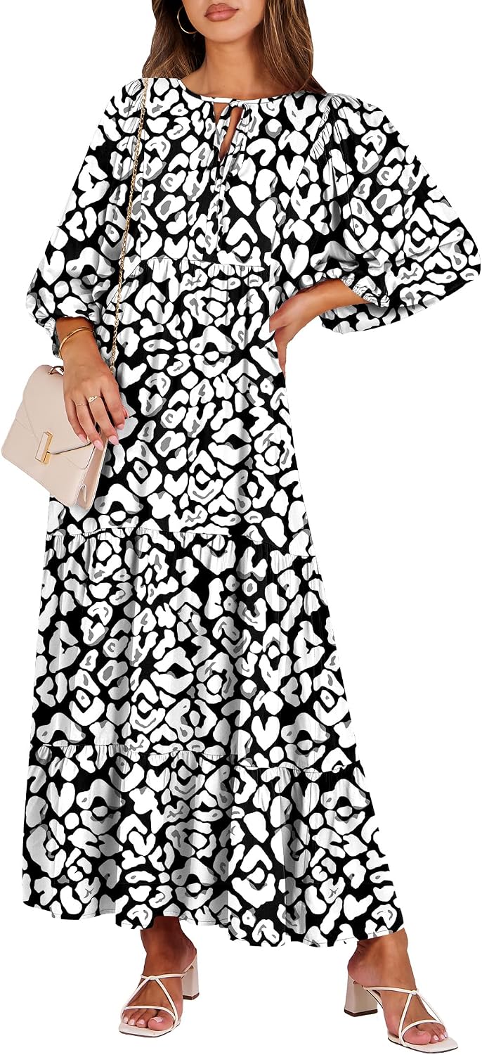 ANRABESS Womens Boho Floral 3/4 Puff Sleeve Maxi Dress