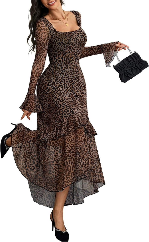 GothDark Women's Floral Mesh Square Neck Fall Wedding Guest Maxi Dress