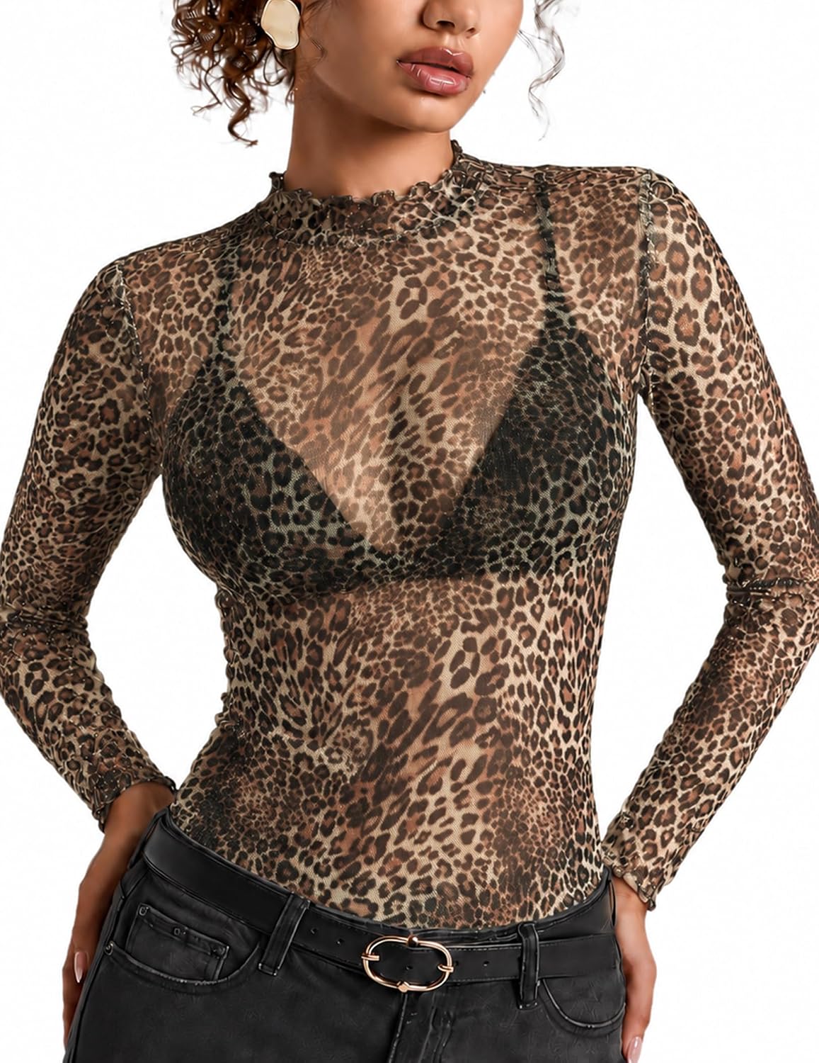 Women's Sheer Mesh Top, Mock Neck Long Sleeve Sparkly Going Out Shirt S-XXL