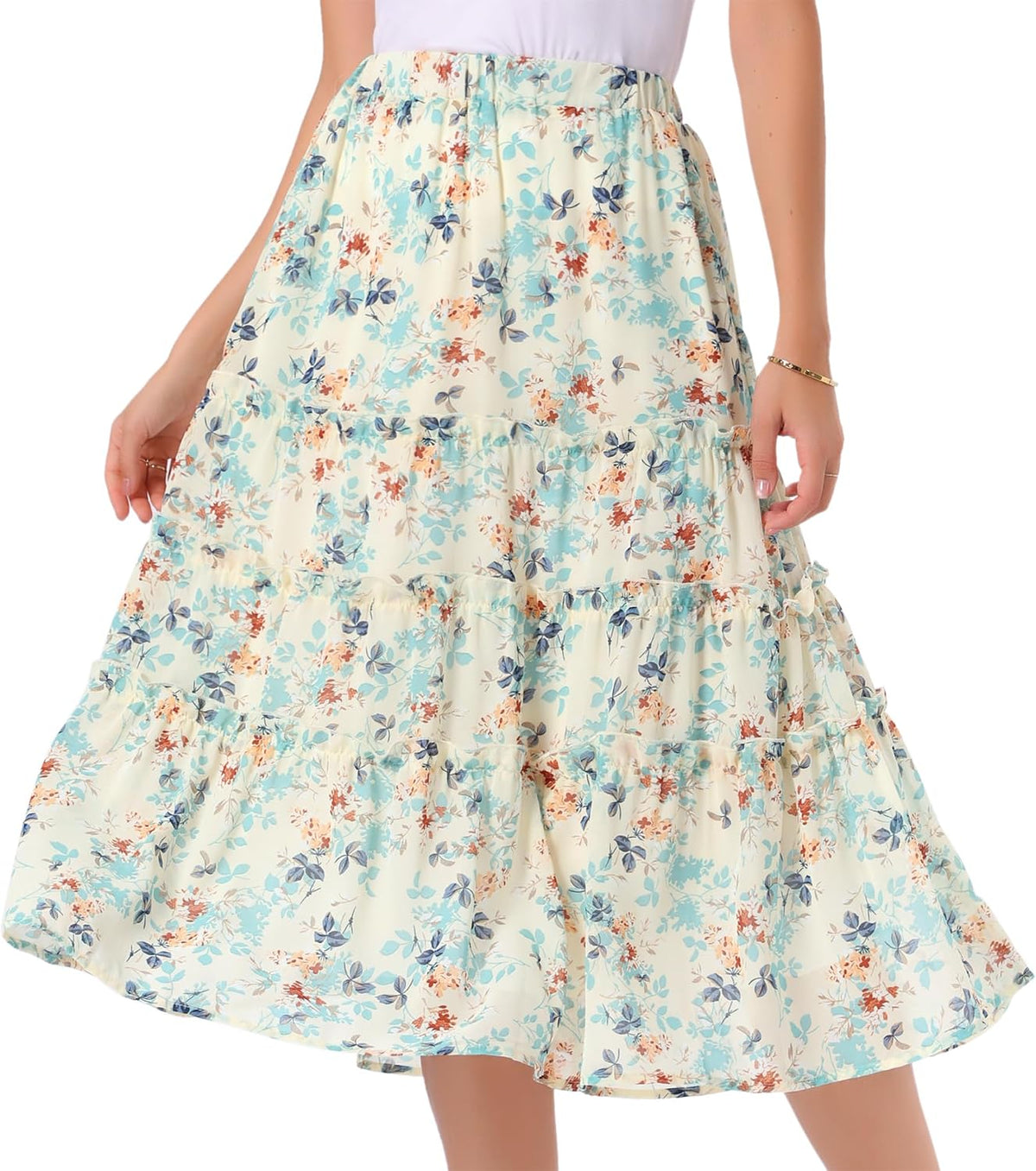 Allegra K Women's Floral Skirt Chiffon A-line Long Tiered Ruffle Maxi Skirt