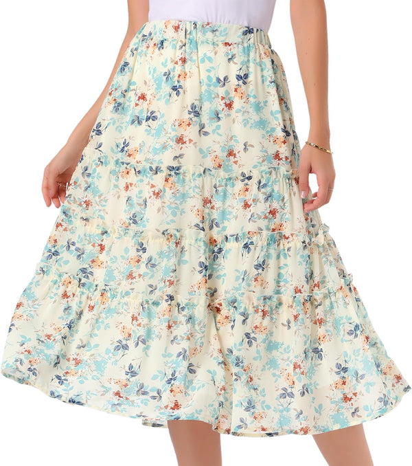 Allegra K Women's Floral Skirt Chiffon A-line Long Tiered Ruffle Maxi Skirt