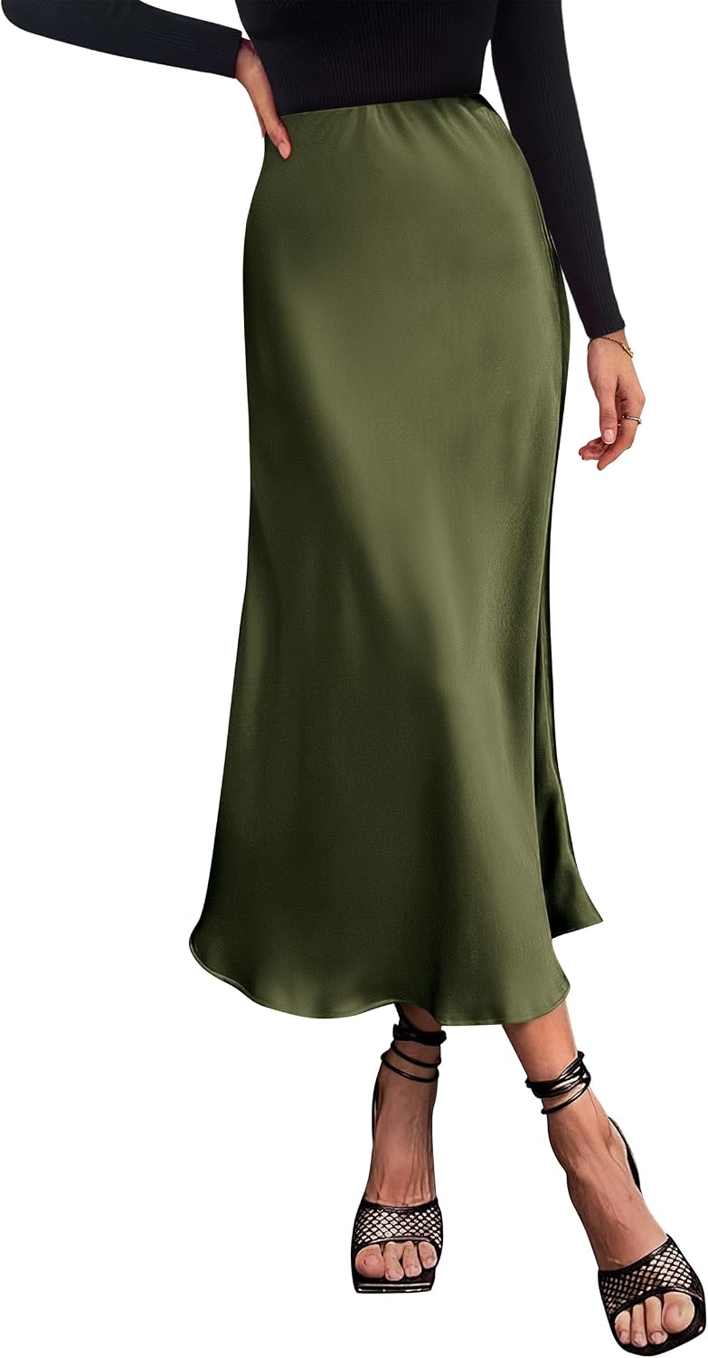 PRETTYGARDEN Women's Satin Midi Skirts Dressy Casual