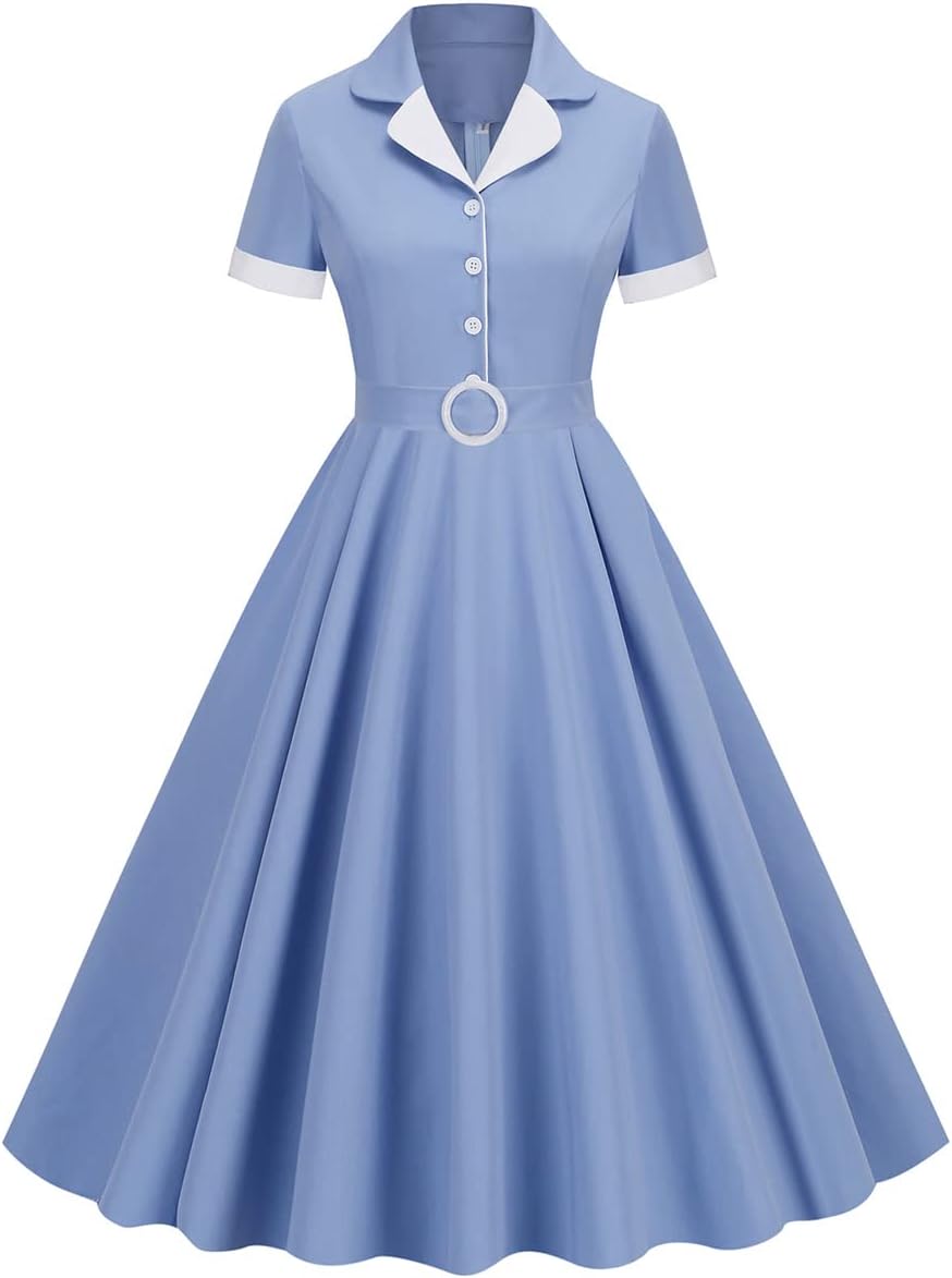 Women 1950s Vintage Short Sleeve Peter Pan Collar Retro Swing A Line Midi Summer Dress Cocktail Party Evening Prom Gown