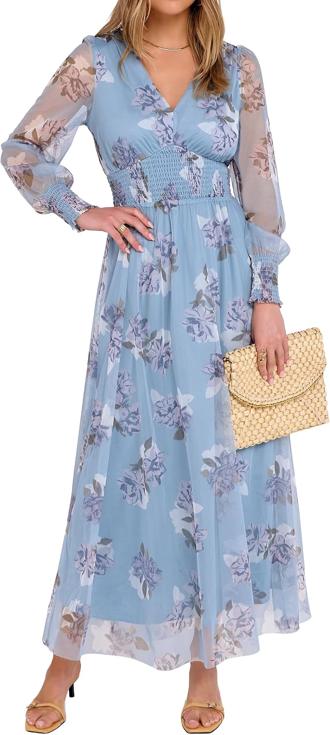 ANRABESS Women's Fall Wedding Guest Tulle Floral Long Sleeve Maxi Dress