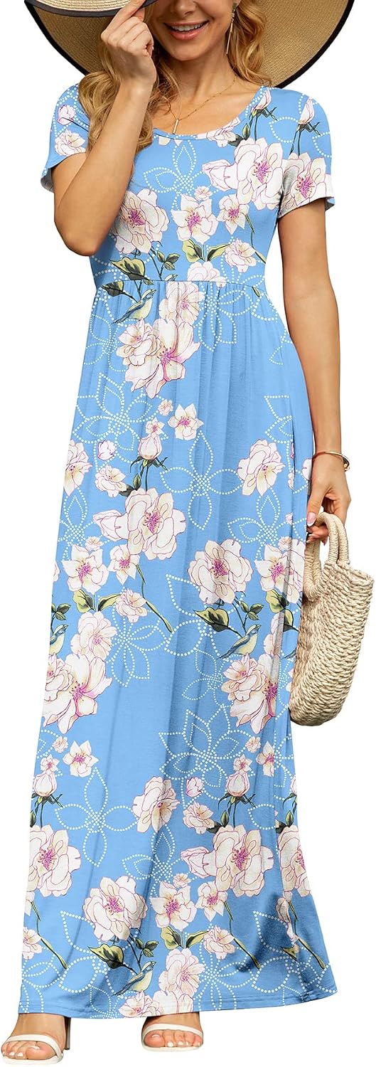 DB MOON Women's Summer Maxi Dress Casual Short Sleeve Empire Waist Pockets