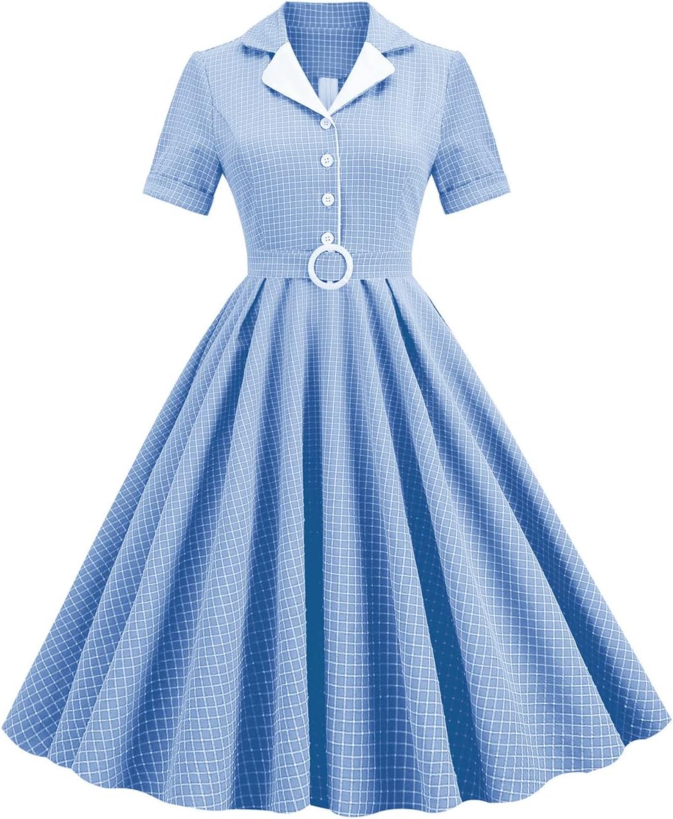 Women 1950s Vintage Short Sleeve Peter Pan Collar Retro Swing A Line Midi Summer Dress Cocktail Party Evening Prom Gown