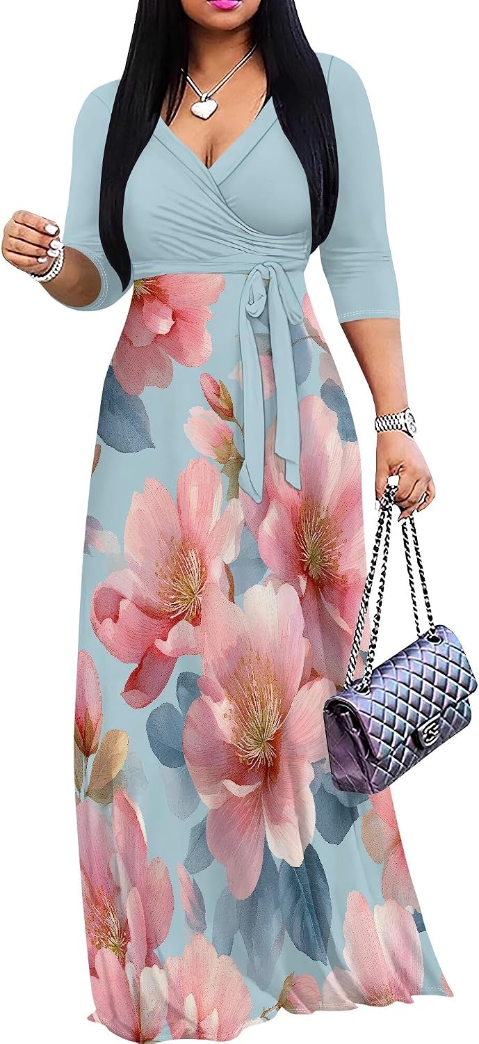 PinkPatty Women's Plus Size V Neck 3/4 Sleeve Boho Maxi Dress with Pockets