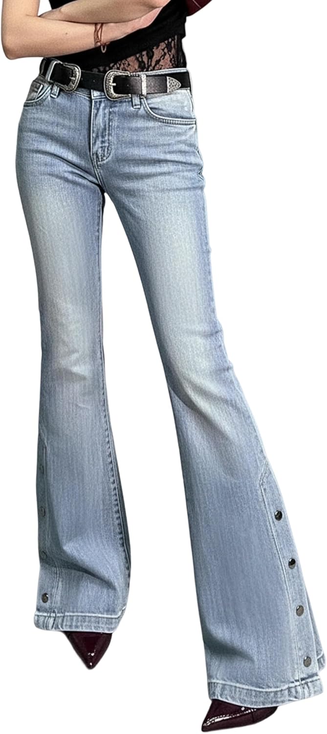 Women Bell Bottom Jeans Stretchy Flare Mid Rise Embroidery Vintage