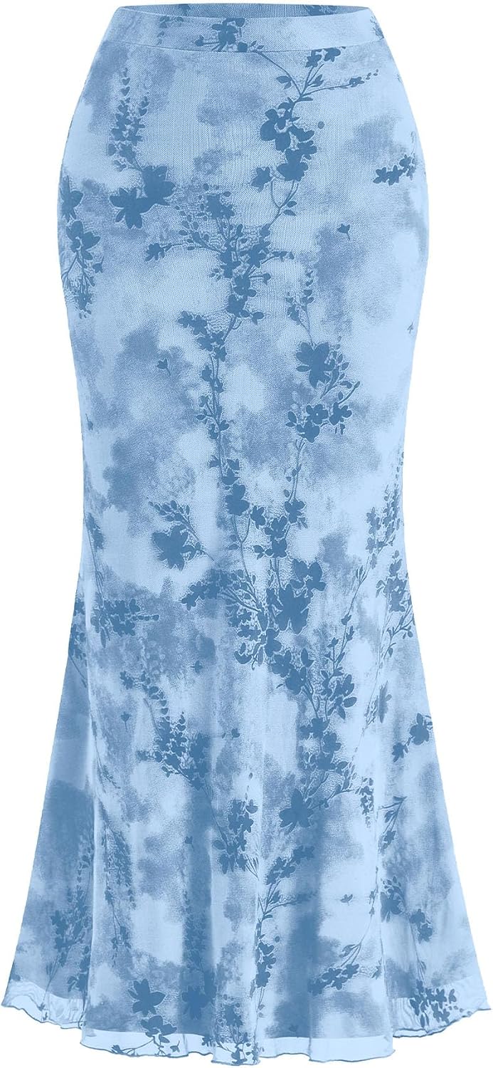 BTFBM Womens Floral Mesh Maxi Skirts