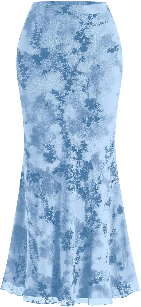 BTFBM Womens Floral Mesh Maxi Skirts