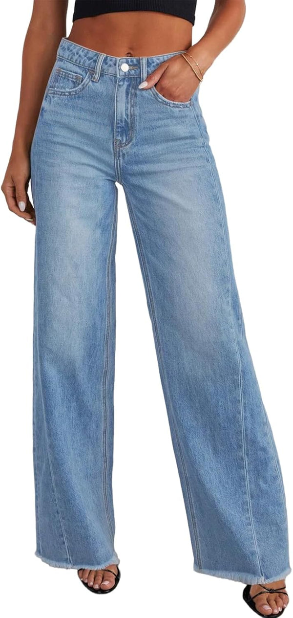 Sidefeel Women's Wide Leg Jeans High Waisted Stretchy Raw Hem