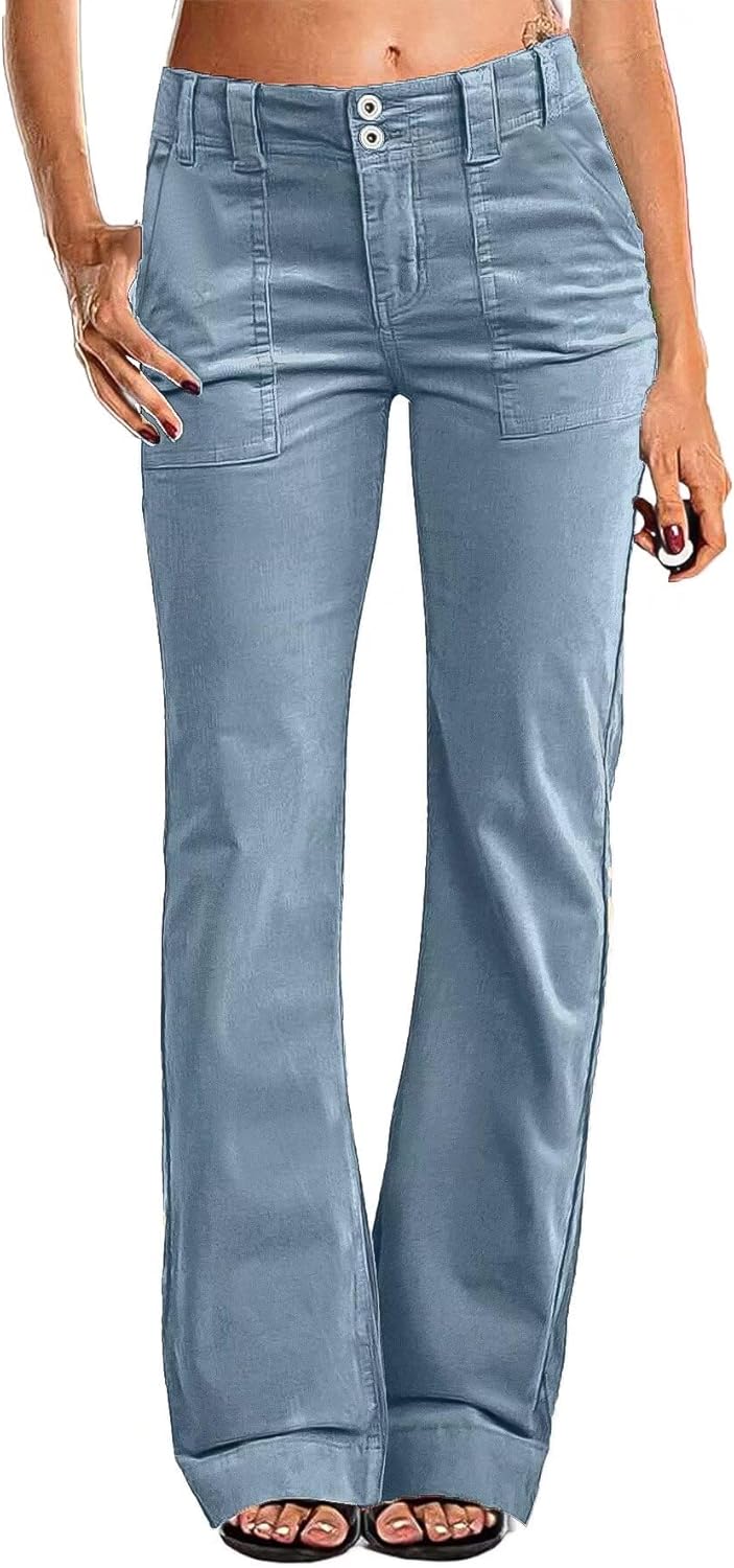Women Mid Waist Dress Flare Straight Leg Corduroy Pants