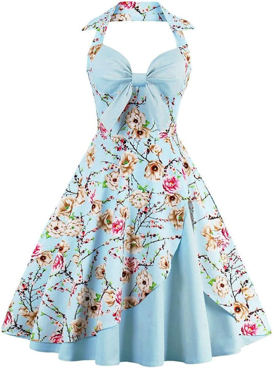 1950s Rockabilly Swing Dress — 50s Pinup Halterneck A-Line