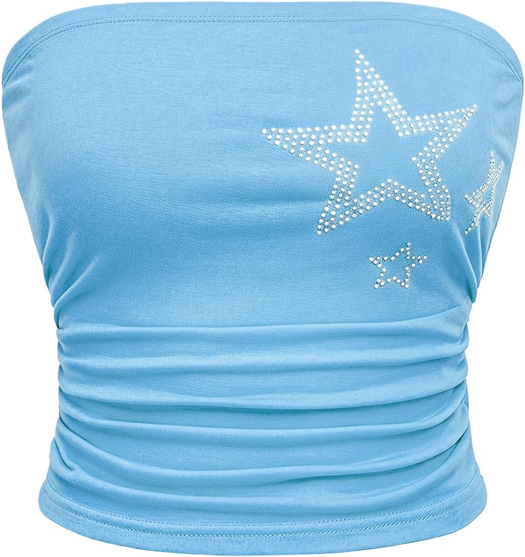 WDIRARA Women's Star Rhinestone Strapless Crop Tube Bandeau Top