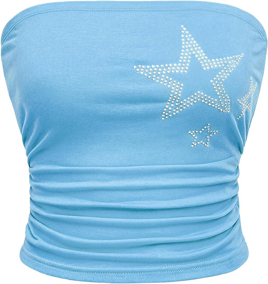 WDIRARA Women's Star Rhinestone Strapless Crop Tube Bandeau Top