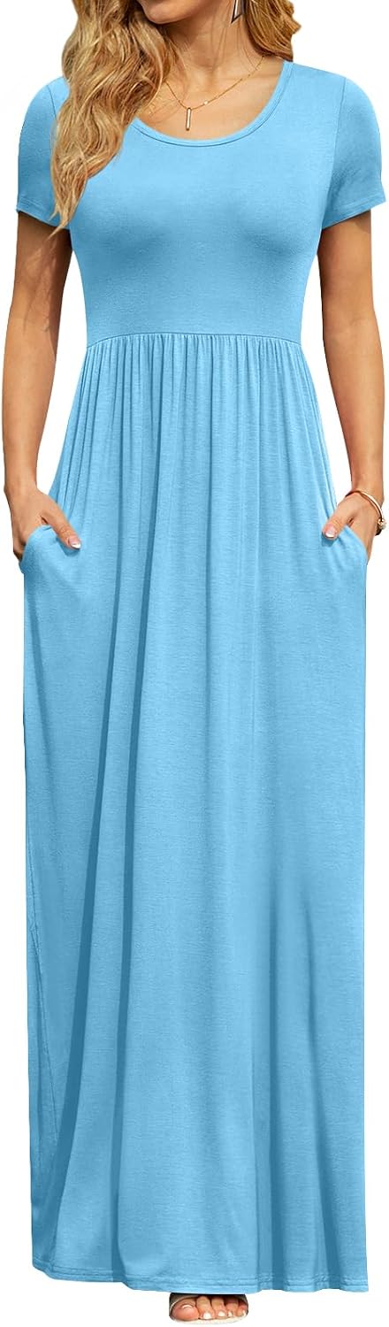 DB MOON Women's Summer Maxi Dress Casual Short Sleeve Empire Waist Pockets