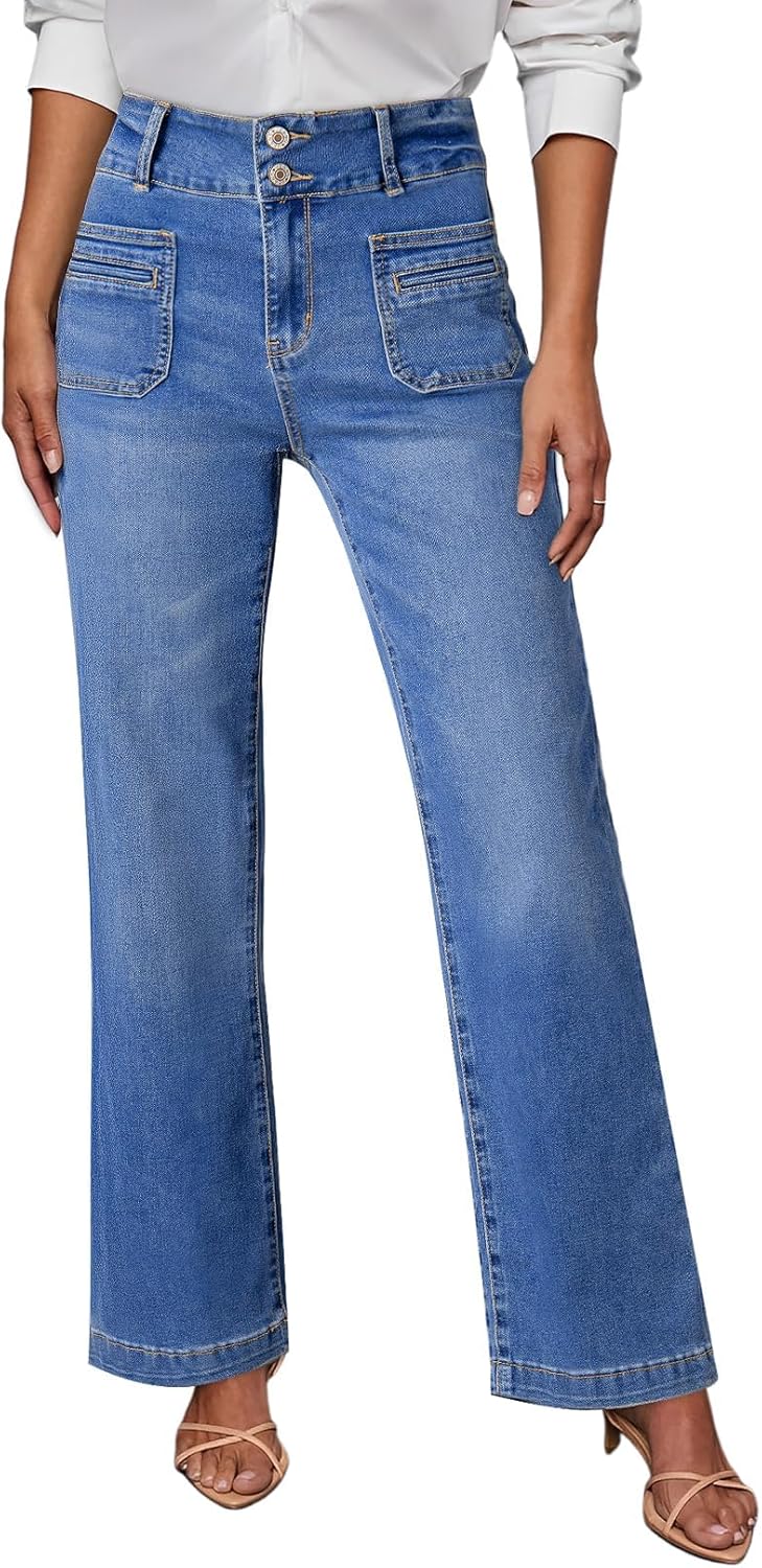 Sidefeel Women's Wide Leg Jeans High Waisted Tummy Control Stretchy