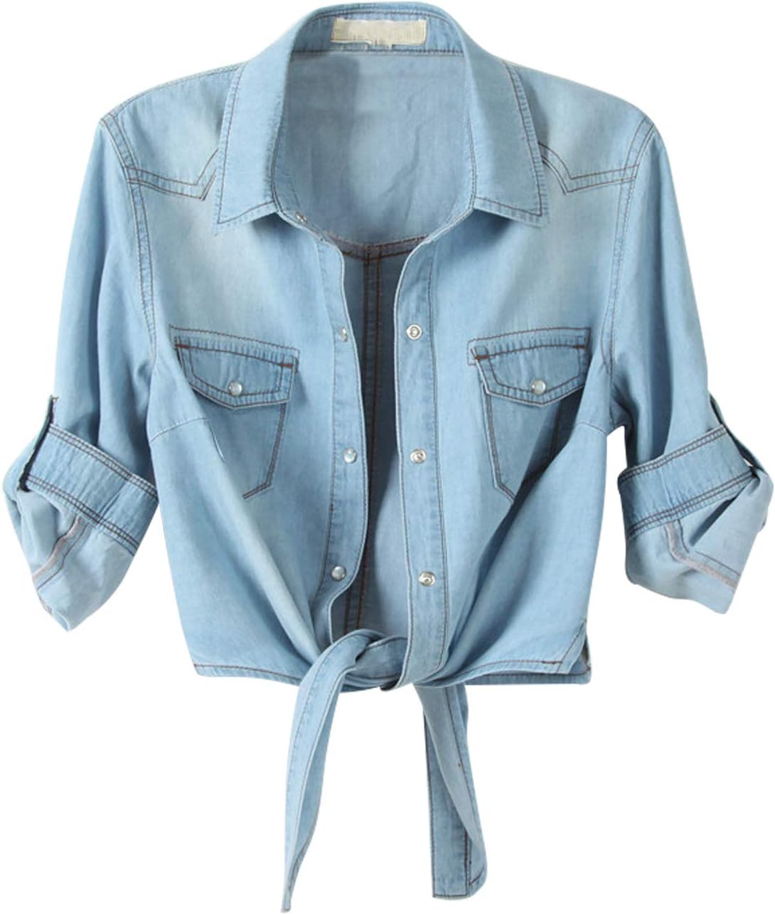 Womens Crop Modern Denim Top Tie Knot Shirt Chambray Cardigan