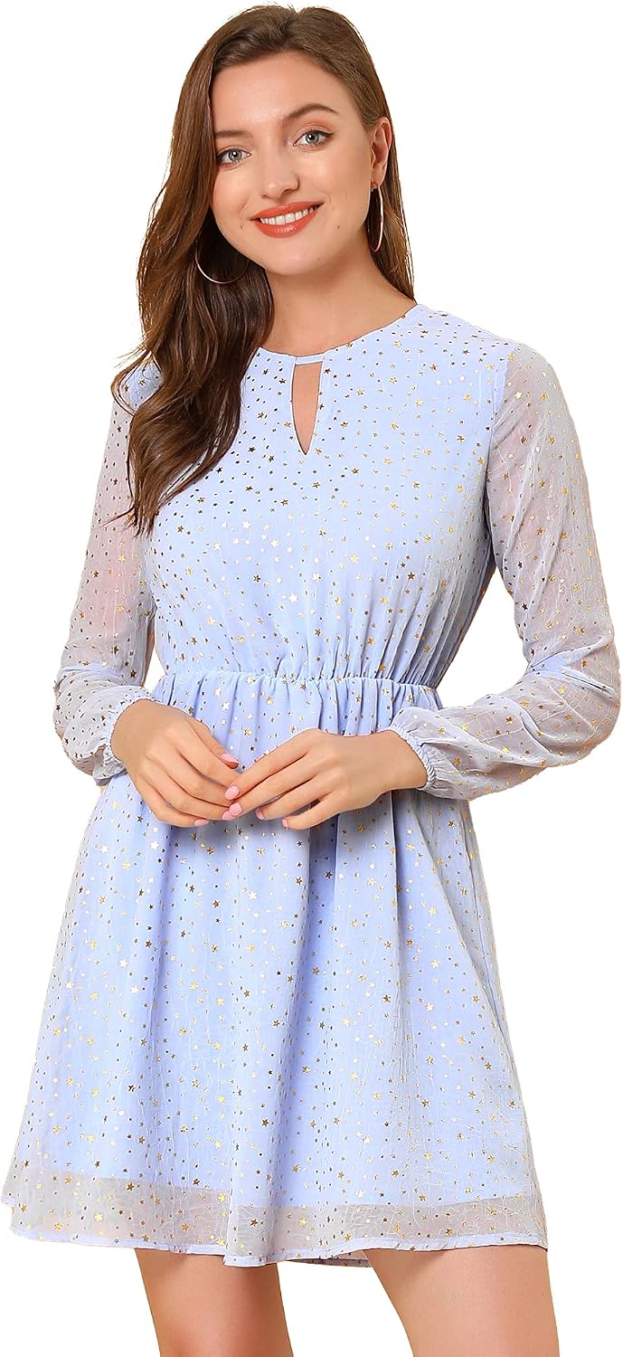 Allegra K Women Metallic Star Choker V Neck Party Flared A-Line Dress