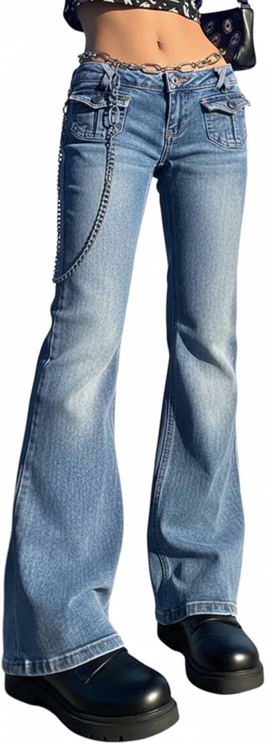 Women Bell Bottom Jeans Stretchy Flare Mid Rise Embroidery Vintage