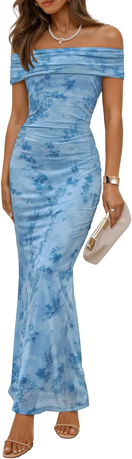 ZESICA Women's Summer Off Shoulder Floral Bodycon Ruched Maxi Formal Dress
