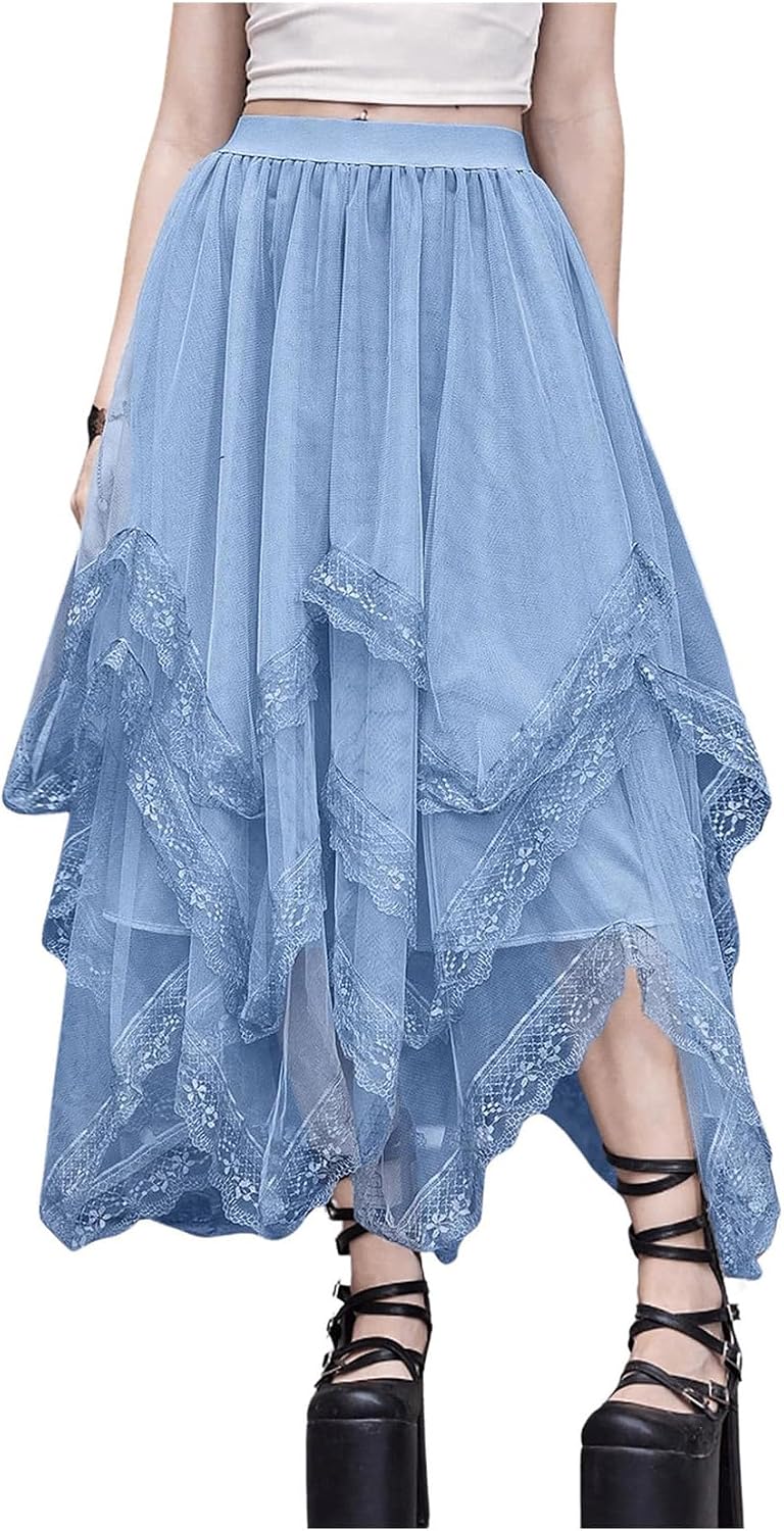 SHENHE Women's Lace Trim Layered Mesh Tulle Skirt Asymmetrical Goth Skirt Secondary image
