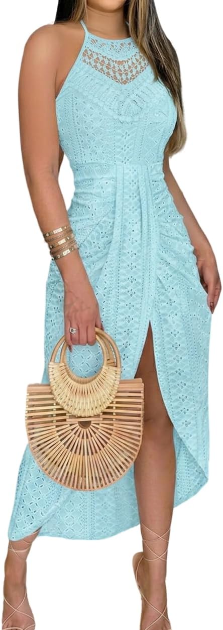 CHICME Womens Summer Halter Dress Hollow Out A Line Vacation Dress