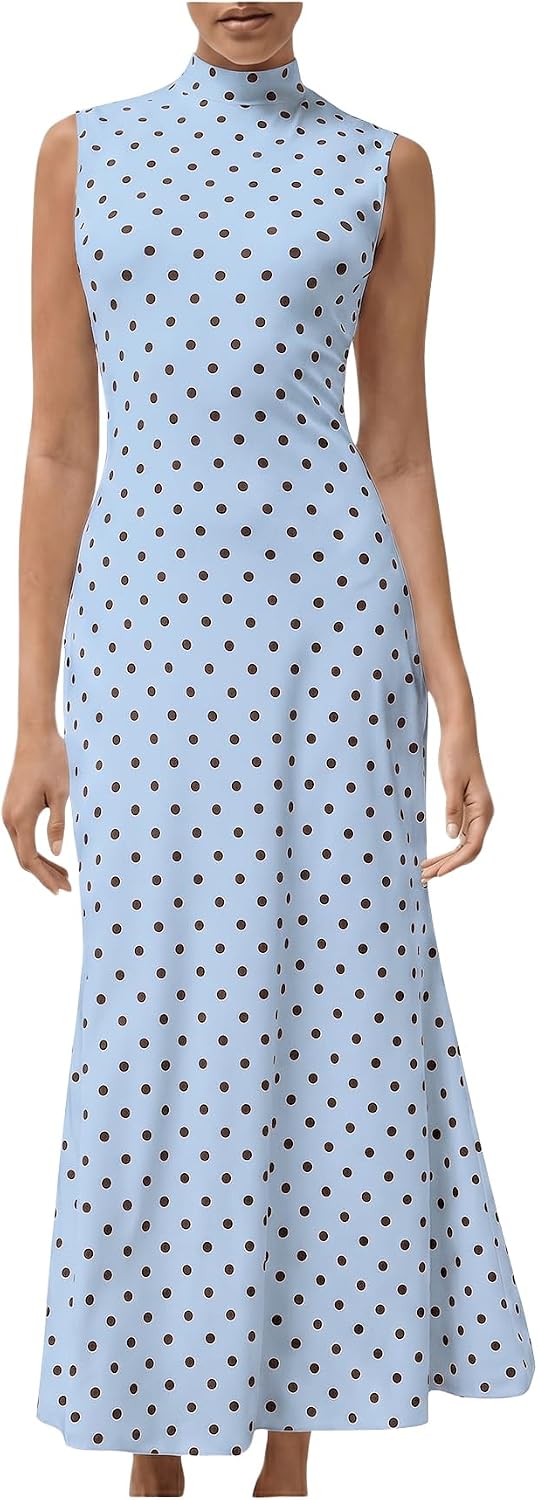 Milumia Women's Polka Dots Maxi Tank Dress Vintage Mock Neck Long Dresses