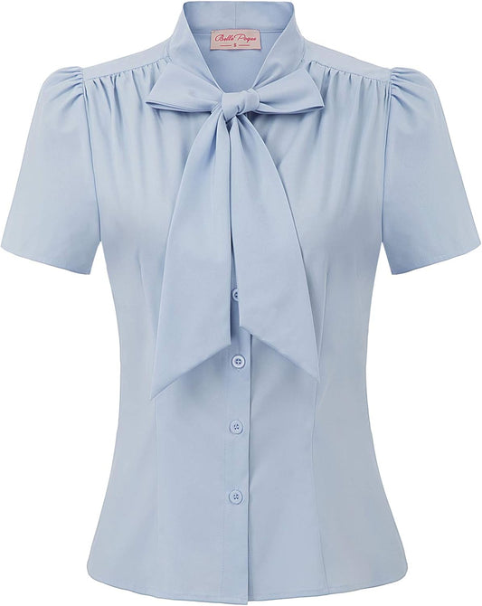 Belle Poque Women Dressy Casual Bow Tie Button-Down Short Sleeve Blouse