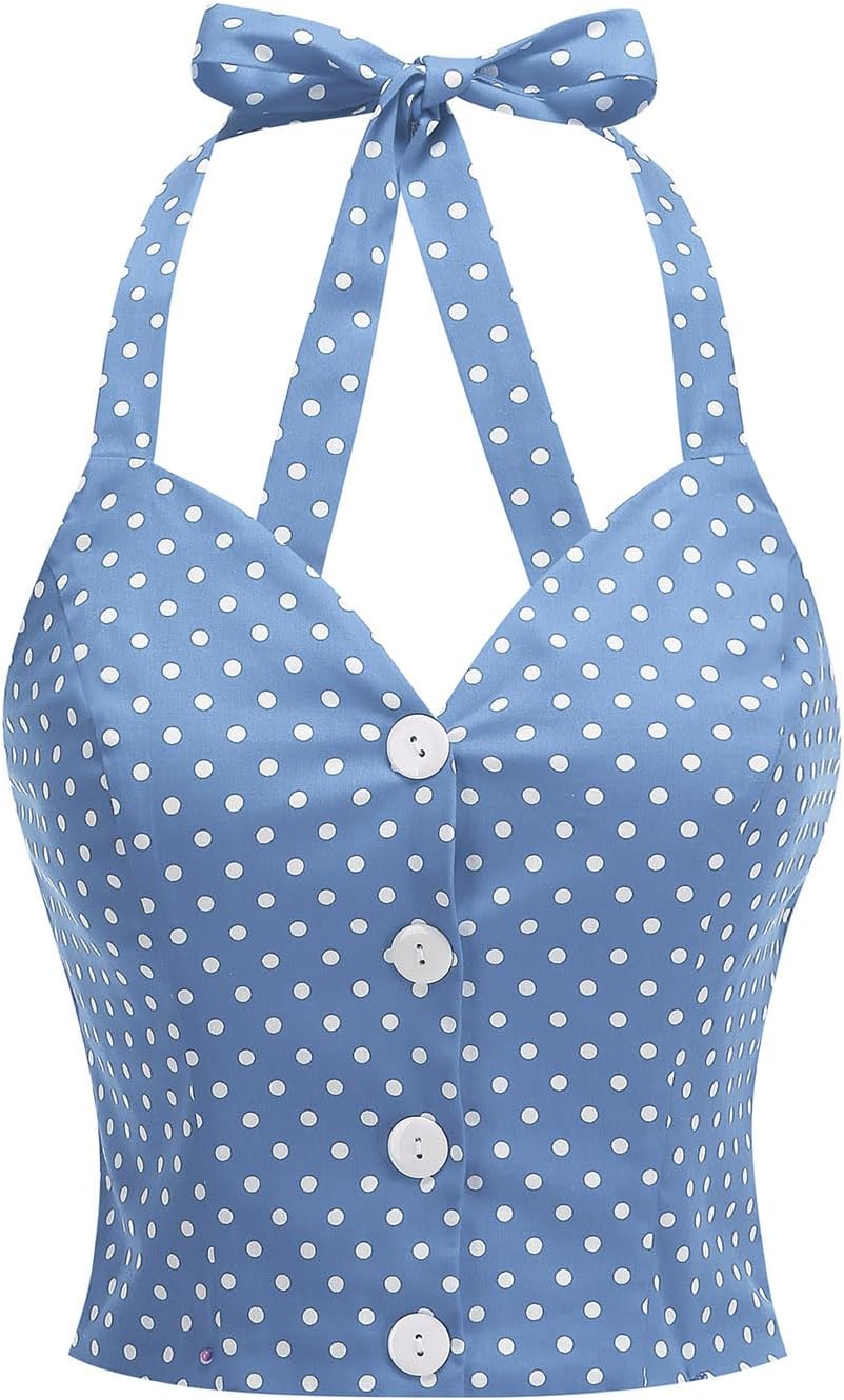 Vintage Tops for Women 1950s Polka Dot 50s Pin up Rockabilly Top Halter V Neck Pinup Retro Tops 50's Vintage Blouses Tank Top