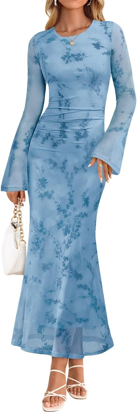ZESICA Womens Long Sleeve Floral Fall Bodycon Ruched Mesh Maxi Formal Dress