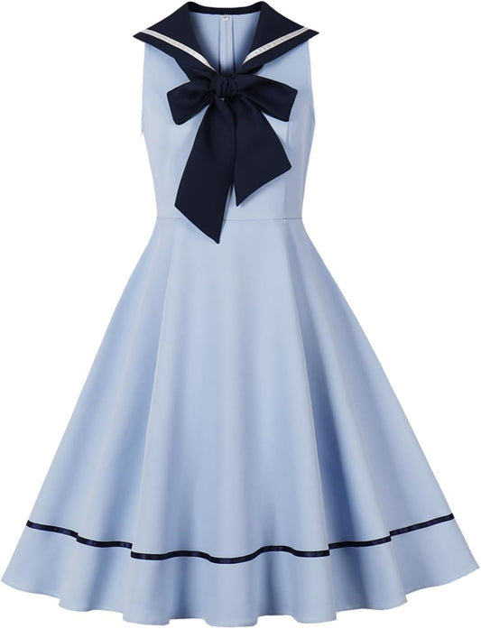 1950s Nautical Sailor Collar Swing Dress