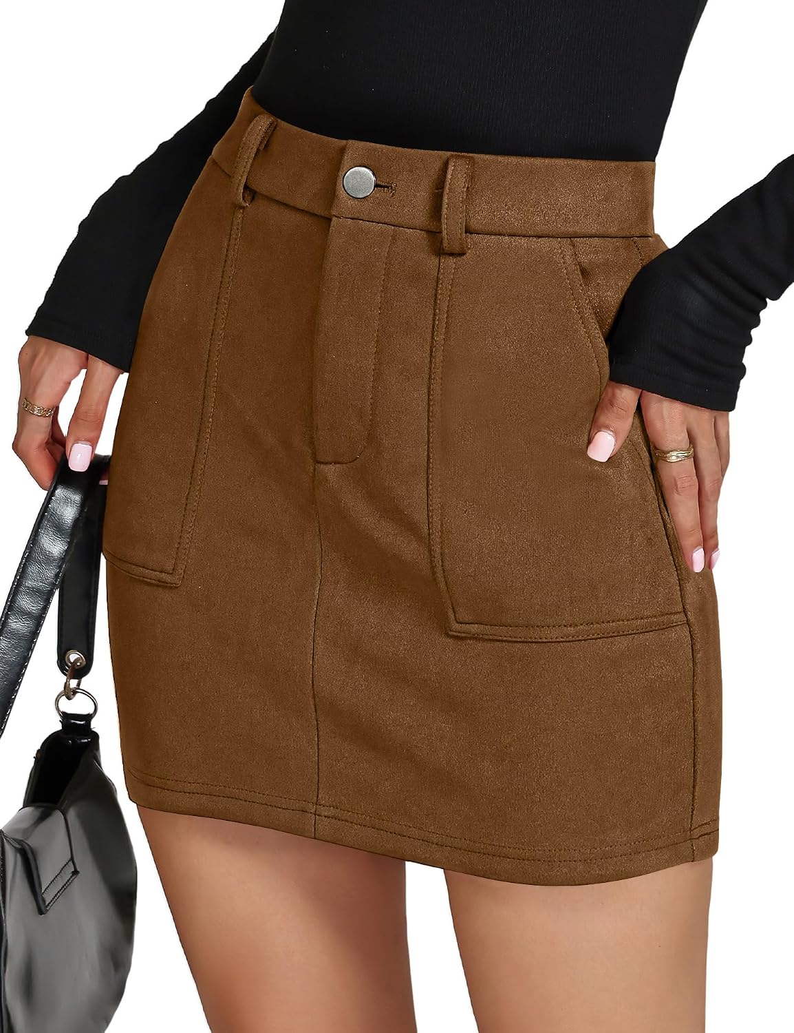 IECCP Women's Faux Suede Skirts Mini High Waist Pencil Skirt with Pockets