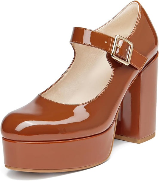 Coutgo Womens' T-Strap Round Toe Chunky Platform Heels Patent Mary Jane Dress Shoes